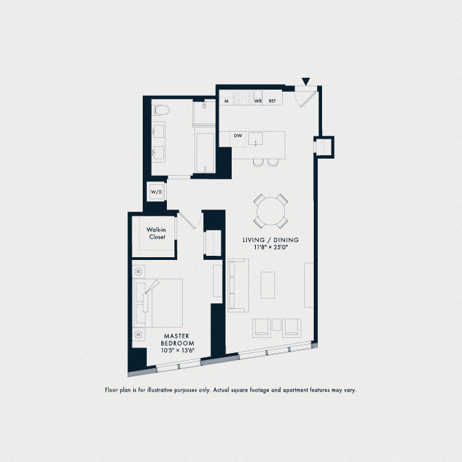 Floor plan for 1 bed, 1 bath, 878 sqft