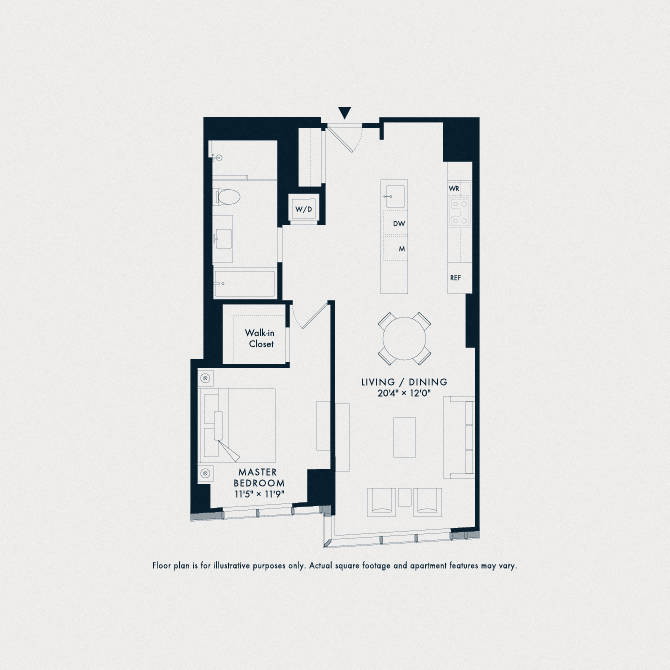 Floor plan for 1 bed, 1 bath, 835 sqft