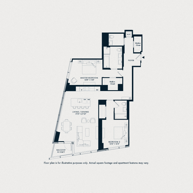 Floor plan for 2 beds, 2.5 baths, 1555 sqft