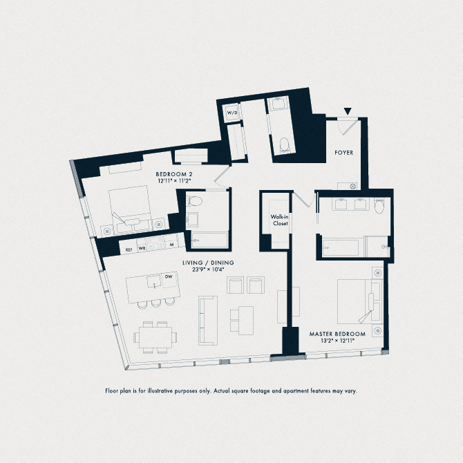 Floor plan for 2 beds, 2.5 baths, 1397 sqft