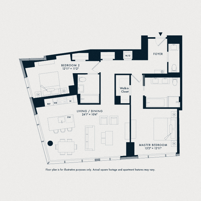 Floor plan for 2 beds, 2.5 baths, 1365 sqft