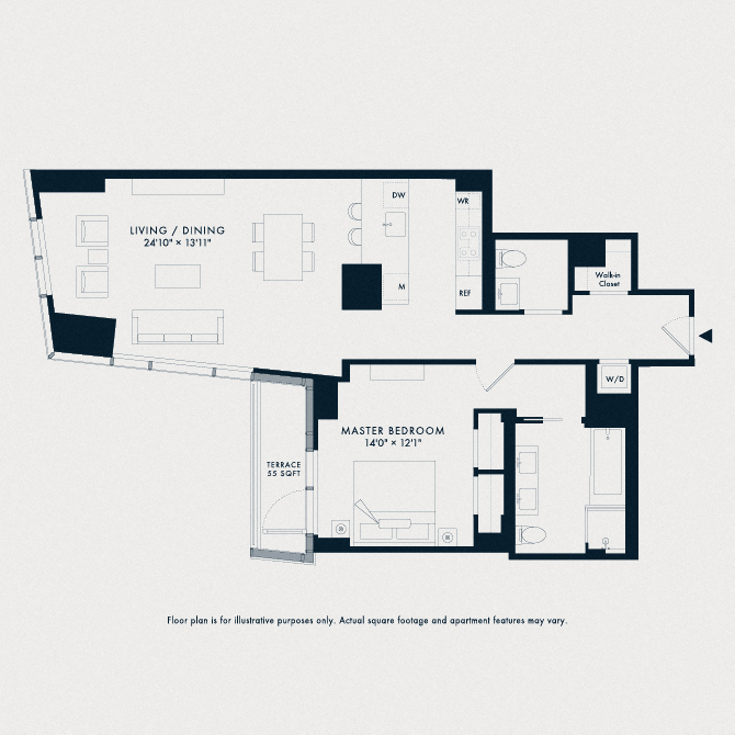 Floor plan for 1 bed, 1.5 baths, 1106 sqft