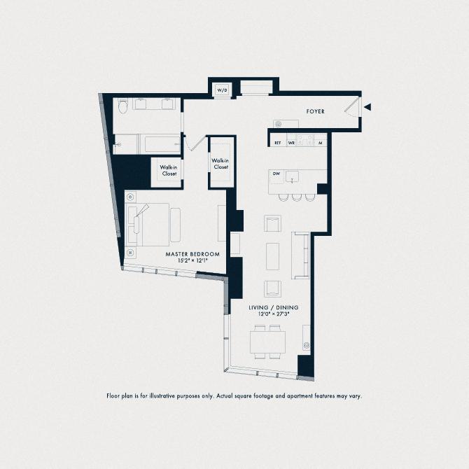 Floor plan for 1 bed, 1 bath, 1159 sqft