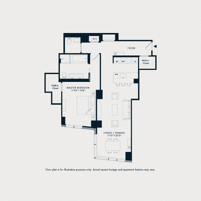 Floor plan for 1 bed, 1.5 baths, 1131 sqft