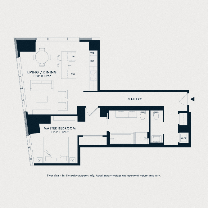Floor plan for 1 bed, 1.5 baths, 943 sqft