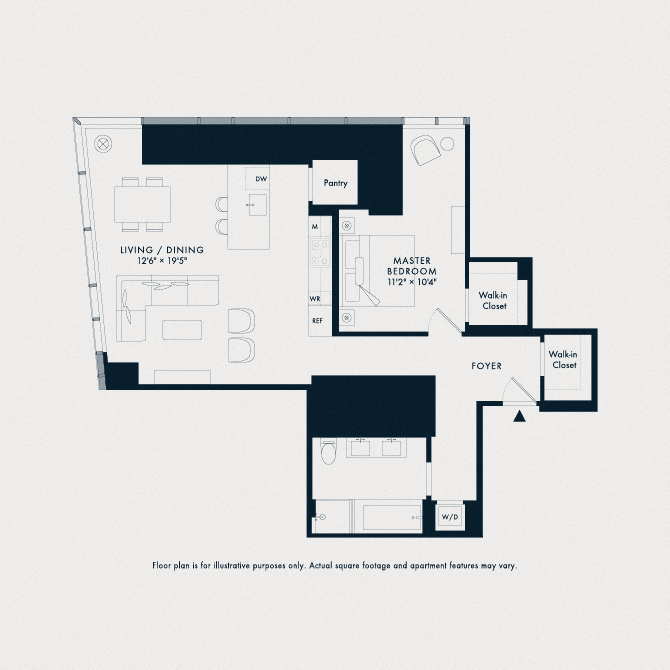 Floor plan for 1 bed, 2 baths, 1146 sqft