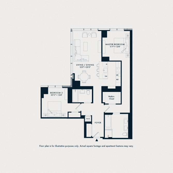Floor plan for 2 beds, 2 baths, 1327 sqft
