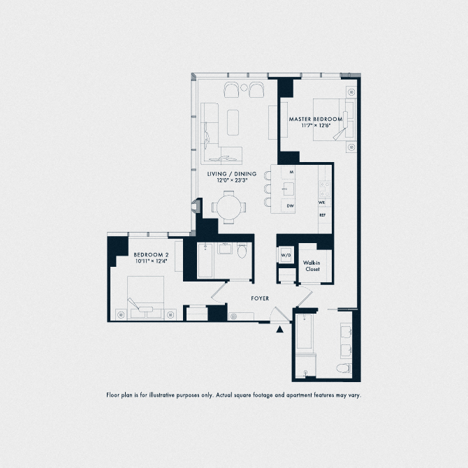 Floor plan for 2 beds, 2 baths, 1244 sqft