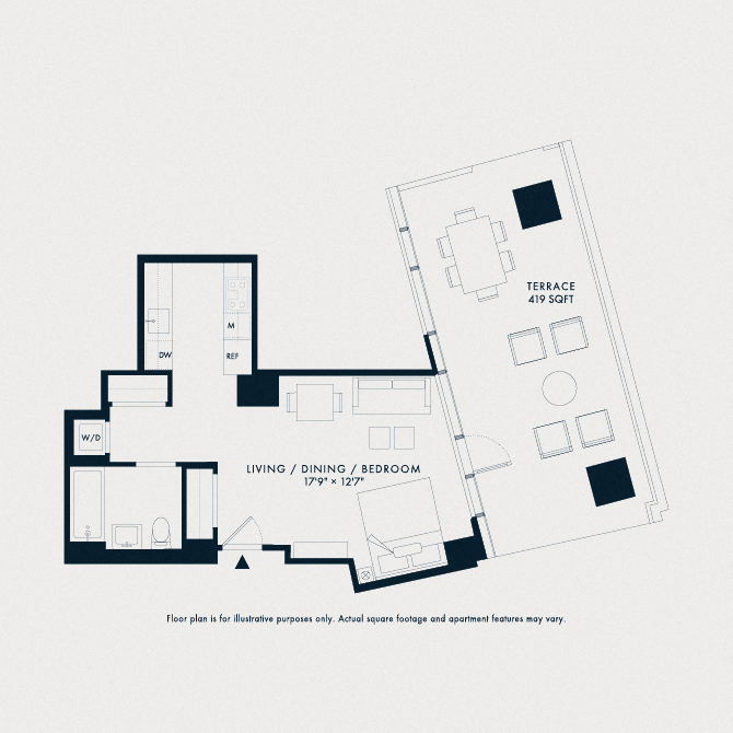 Floor plan for studio, 1 bath, 515 sqft