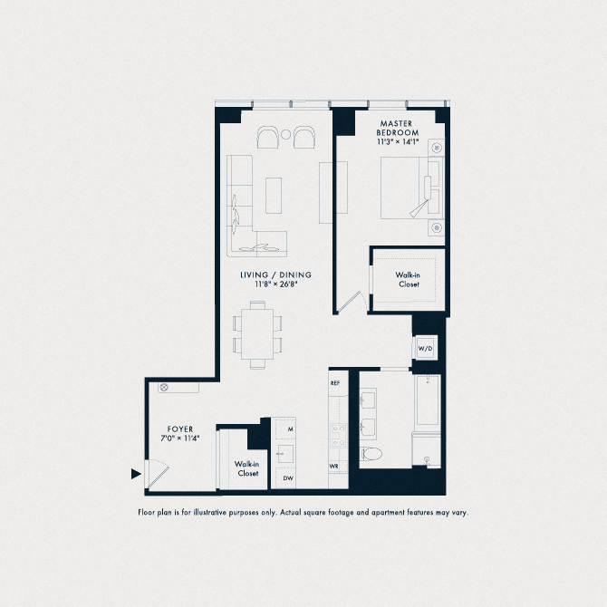 Floor plan for 1 bed, 1 bath, 1071 sqft