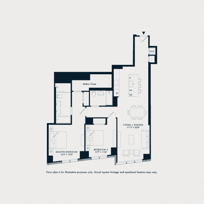 Floor plan for 2 beds, 2 baths, 1327 sqft