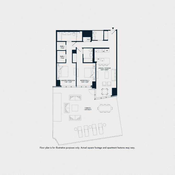 Floor plan for 2 beds, 2.5 baths, 1294 sqft