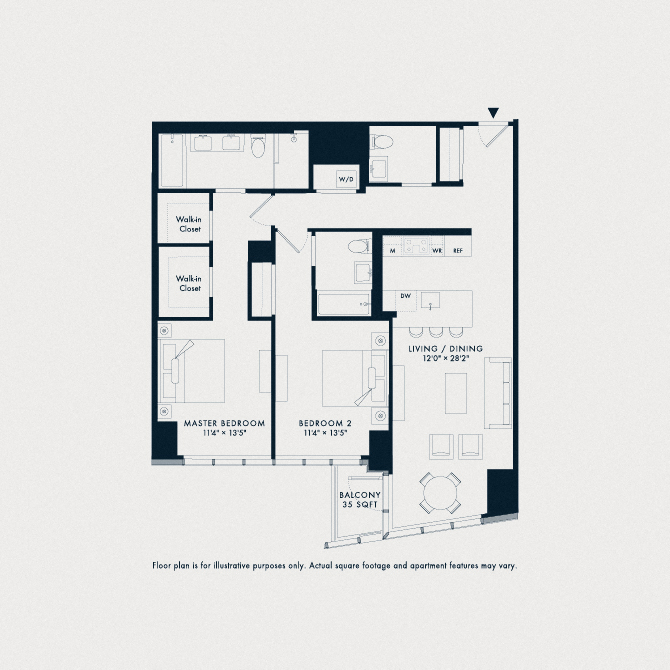 Floor plan for 2 beds, 2.5 baths, 1294 sqft