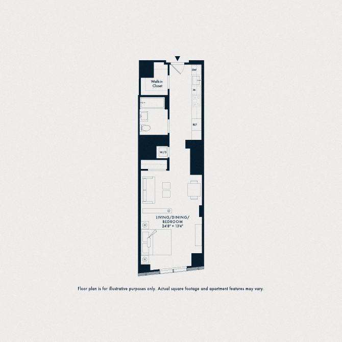 Floor plan for studio, 1 bath, 657 sqft