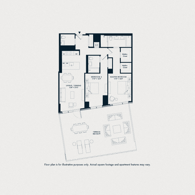 Floor plan for 2 beds, 2.5 baths, 1324 sqft