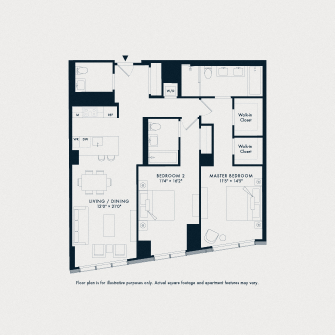 Floor plan for 2 beds, 2.5 baths, 1324 sqft