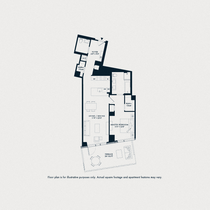 Floor plan for 1 bed, 1 bath, 1000 sqft
