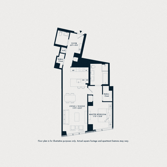 Floor plan for 1 bed, 1 bath, 1000 sqft