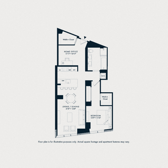 Floor plan for 1 bed, 1 bath, 975 sqft