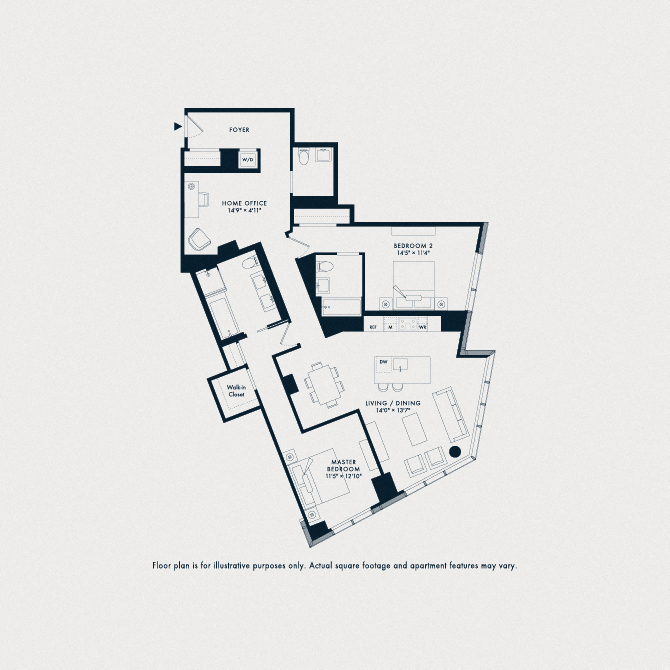 Floor plan for 2 beds, 2.5 baths, 1569 sqft