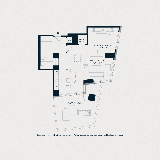 Floor plan for 1 bed, 1 bath, 880 sqft