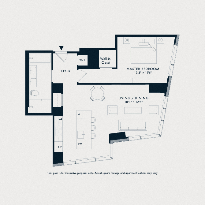 Floor plan for 1 bed, 1 bath, 880 sqft