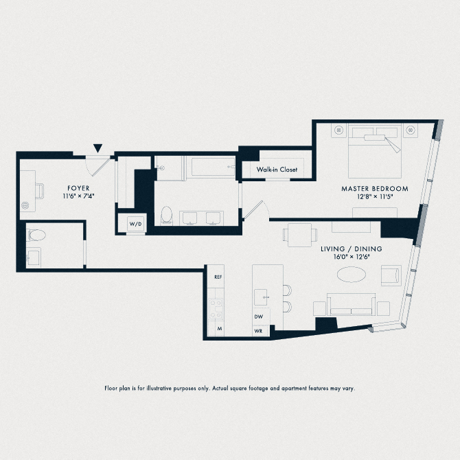 Floor plan for 1 bed, 1 bath, 958 sqft
