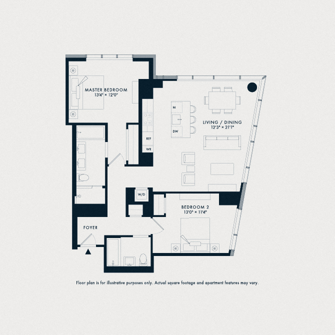 Floor plan for 2 beds, 2 baths, 1253 sqft