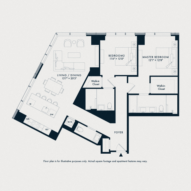 Floor plan for 2 beds, 2.5 baths, 1386 sqft