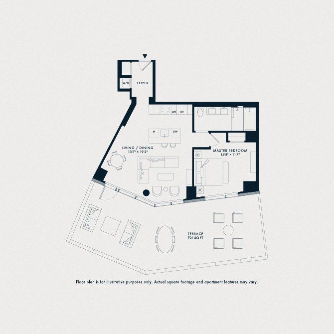 Floor plan for 1 bed, 1 bath, 910 sqft