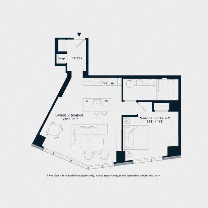 Floor plan for 1 bed, 1 bath, 910 sqft
