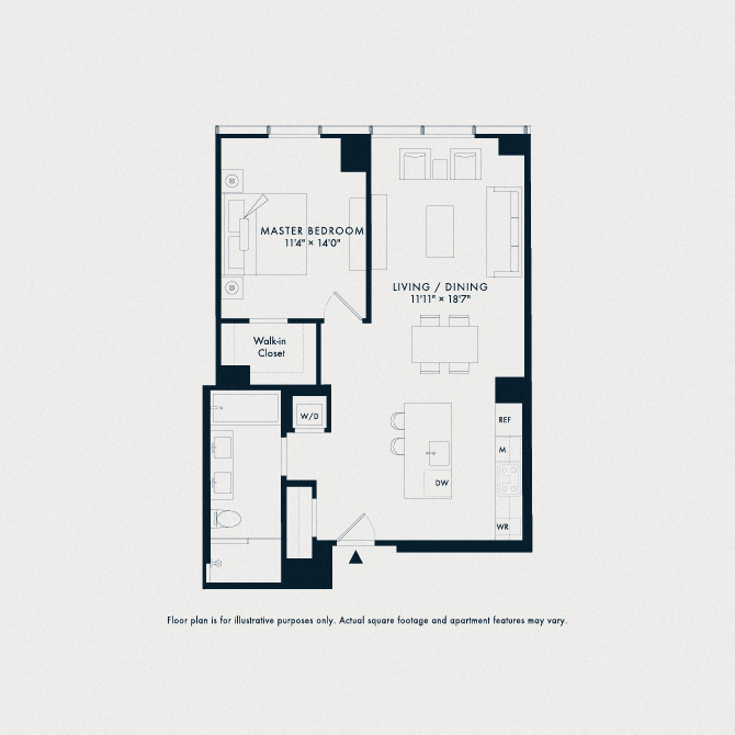 Floor plan for 1 bed, 1 bath, 843 sqft