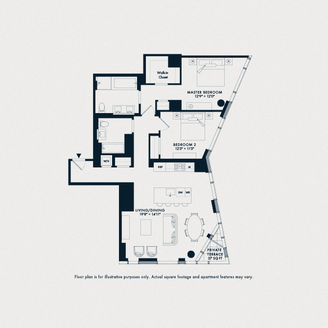 Floor plan for 2 beds, 2 baths, 1331 sqft