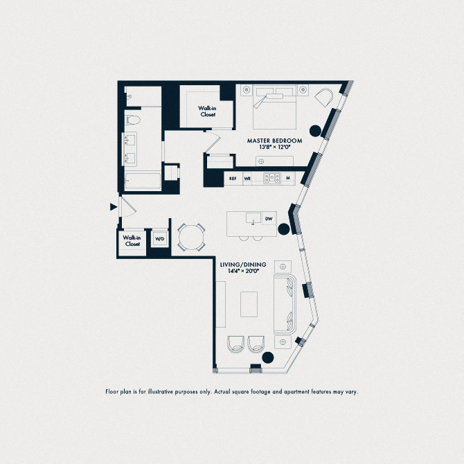 Floor plan for 1 bed, 1 bath, 1022 sqft