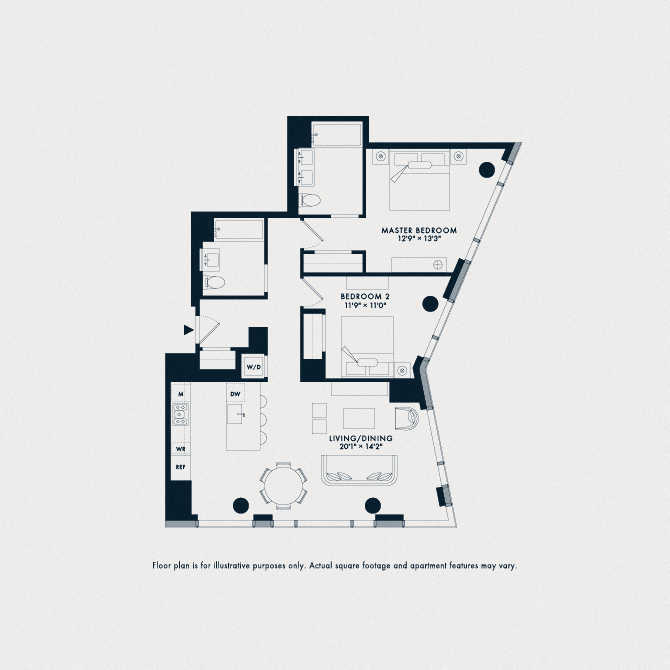 Floor plan for 2 beds, 2 baths, 1281 sqft