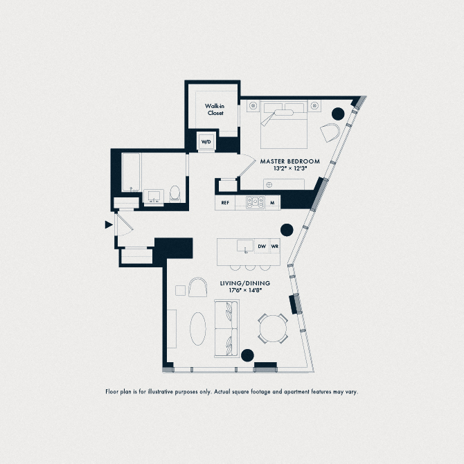 Floor plan for 1 bed, 1 bath, 895 sqft