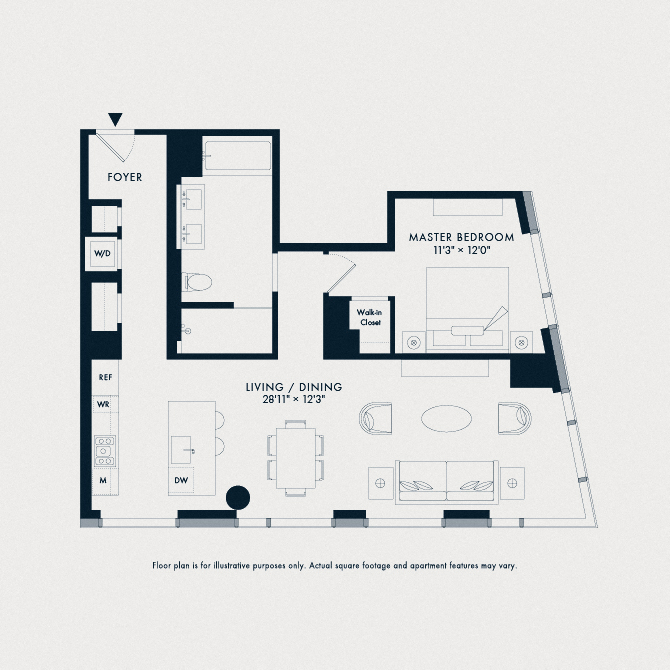 Floor plan for 1 bed, 1 bath, 1018 sqft