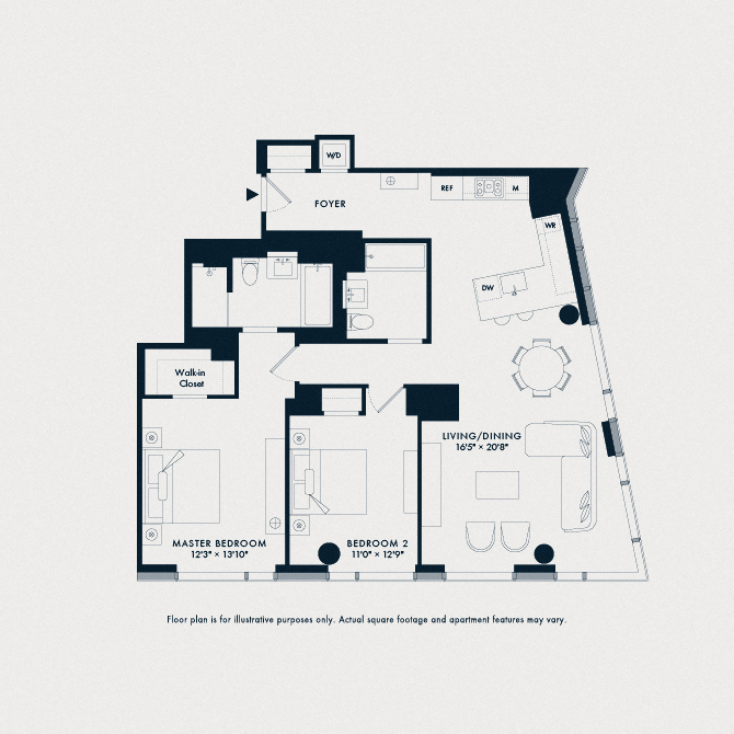 Floor plan for 2 beds, 2 baths, 1351 sqft