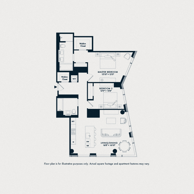 Floor plan for 2 beds, 2 baths, 1302 sqft