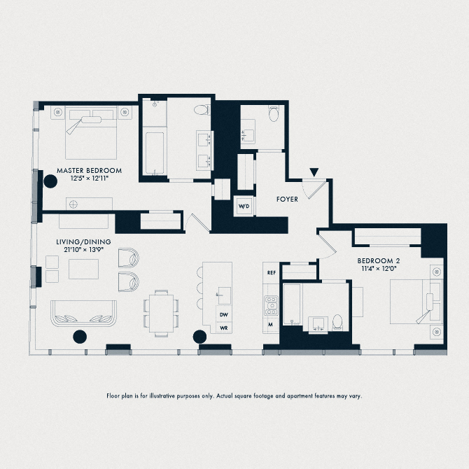 Floor plan for 2 beds, 2.5 baths, 1366 sqft