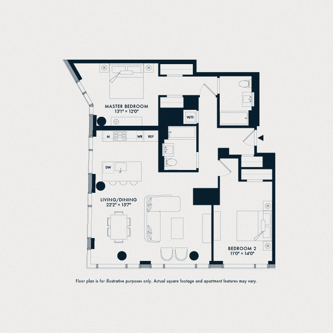 Floor plan for 2 beds, 2 baths, 1287 sqft