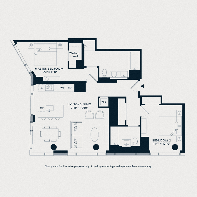 Floor plan for 2 beds, 2 baths, 1227 sqft