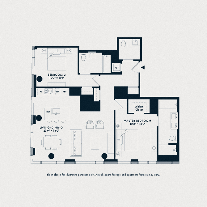 Floor plan for 2 beds, 2.5 baths, 1350 sqft