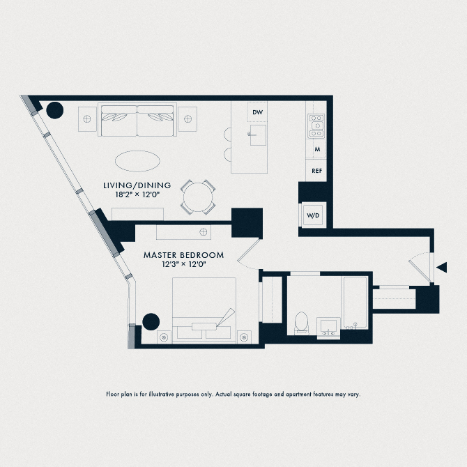 Floor plan for 1 bed, 1 bath, 711 sqft