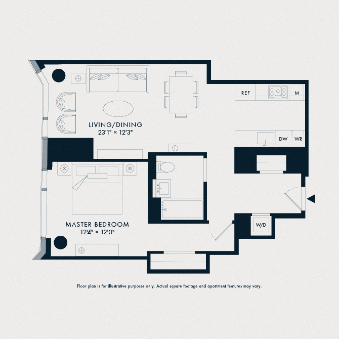 Floor plan for 1 bed, 1 bath, 813 sqft