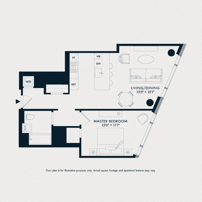 Floor plan for 1 bed, 1 bath, 814 sqft