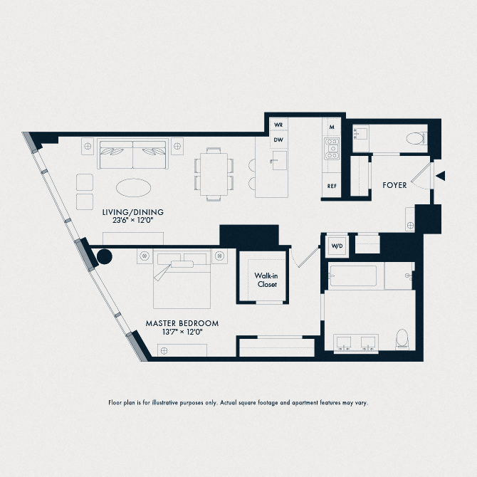 Floor plan for 1 bed, 1.5 baths, 1008 sqft