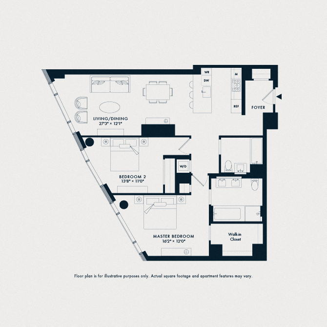 Floor plan for 2 beds, 2 baths, 1307 sqft