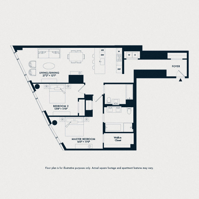 Floor plan for 2 beds, 2 baths, 1375 sqft