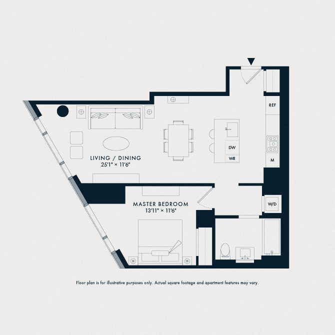 Floor plan for 1 bed, 1 bath, 821 sqft